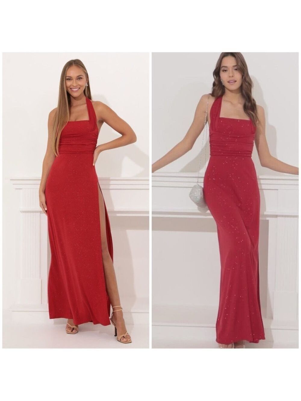 Lucy in The Sky Celestina Halter Glitter Maxi Dress in Red